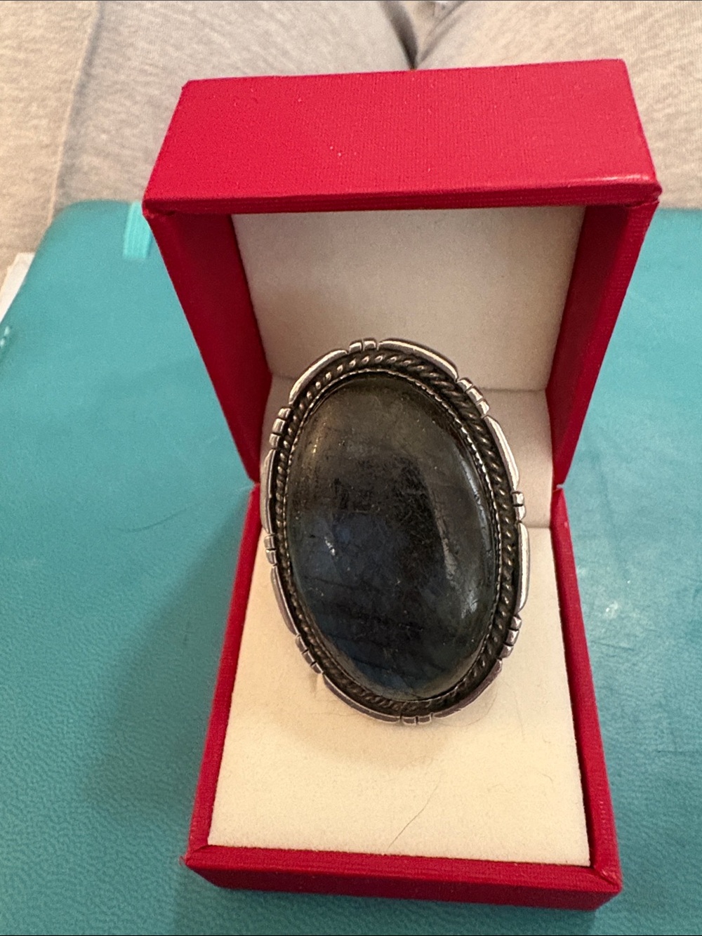 Large Oval Labradorite Sterling Silver Statement Ring - Dark Blue-Green Stone